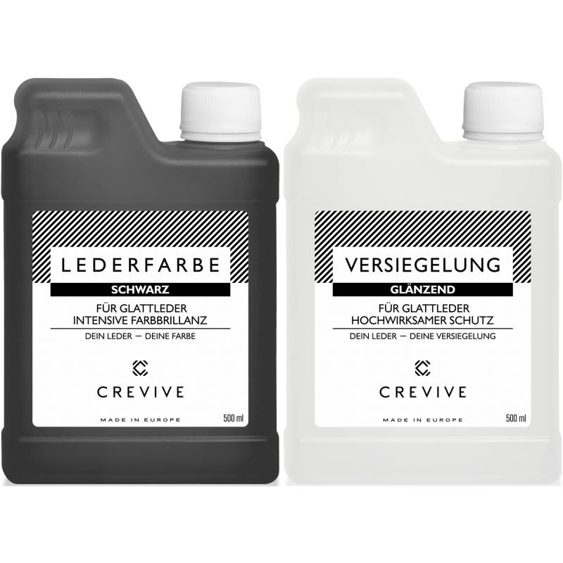 CREVIVE Lederfarbe Schwarz 500 ml & Leder Versiegelung Glänzend 500 ml – für Echtleder zum färben und umfärben - zum Schutz und zur Fixierung von Leder Farbe - Lederfarbe Sofa - Lederfarbe Auto von CREVIVE