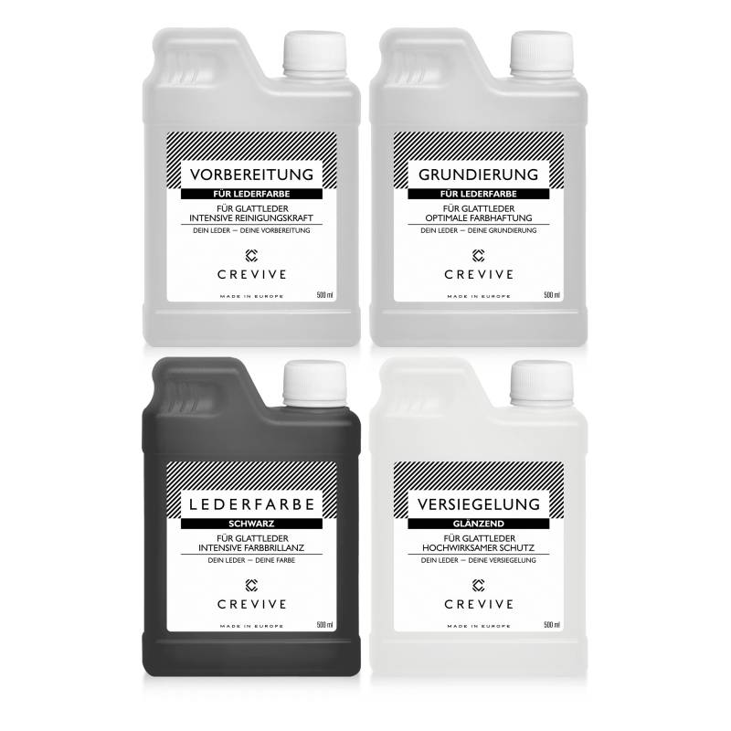 CREVIVE Lederfarbe Set - Farbe wählbar - für die optimale Lederfärbung - Lederreiniger, Grundierung, Lederfarbe, Versiegelung, je 500 ml - Schwarz Glänzend von CREVIVE