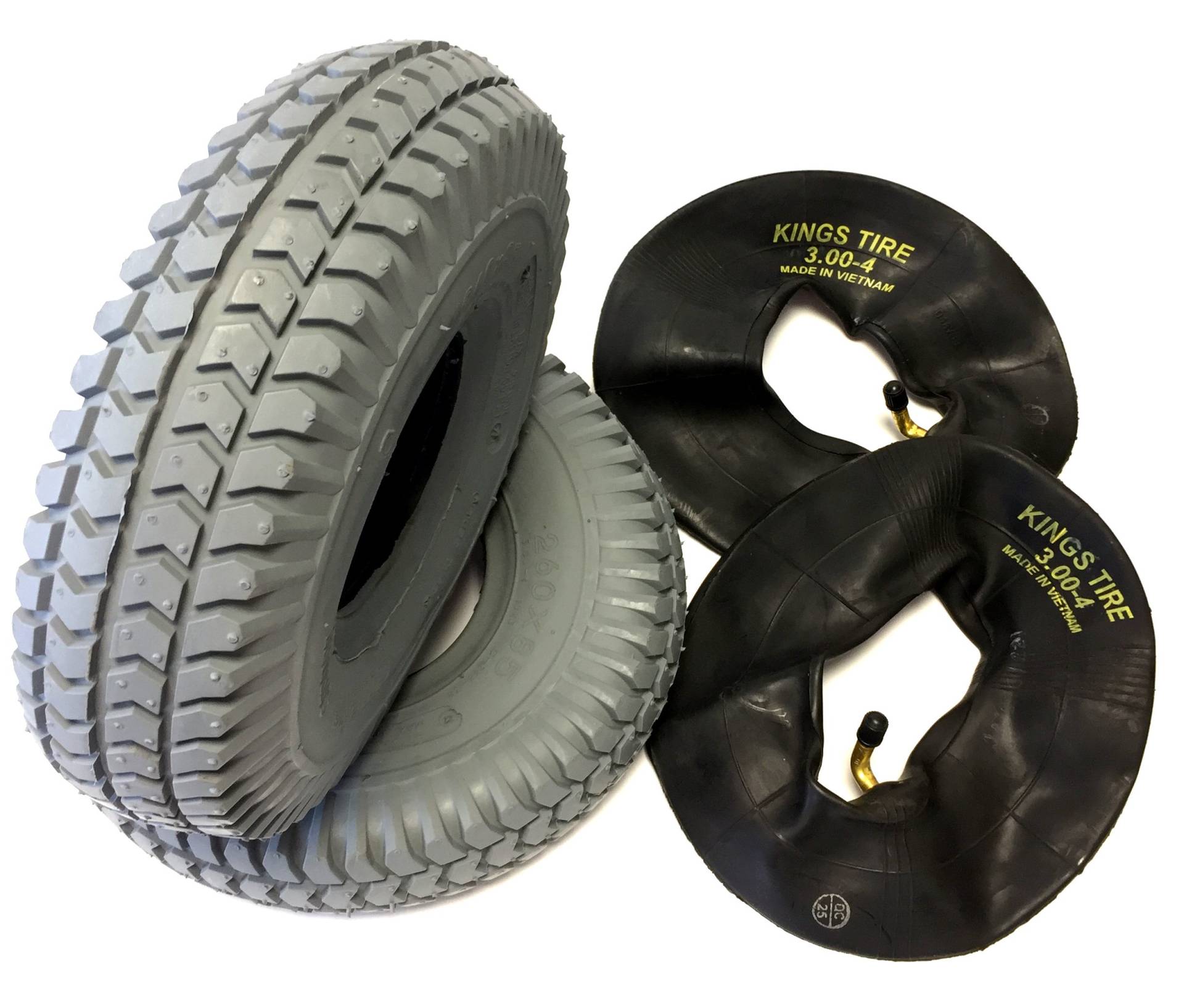 Rollstuhlreifen 2 Stück 3.00-4 (260x85) grau + 2 Stück Schlauch Winkelventil, Reifen Aufbau kräftiges Blockprofil, für Elektromobil, Scooter, E-Rollstuhl von CST