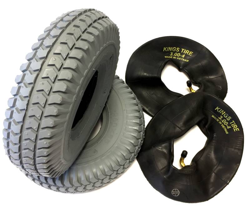 Rollstuhlreifen 2 Stück 3.00-4 (260x85) grau + 2 Stück Schlauch Winkelventil, Reifen Aufbau kräftiges Blockprofil, für Elektromobil, Scooter, E-Rollstuhl von CST