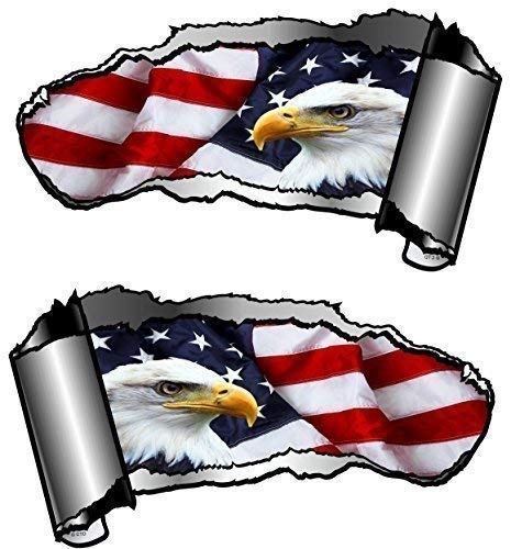 Klein Hand Paar Neuheit Torn Zerrissene öffnen Gash Metall Effekt Auto Aufkleber Aufkleber zu enthüllen American Eagle und US USA Flagge Design 93 x 50 mm jeder von CTD
