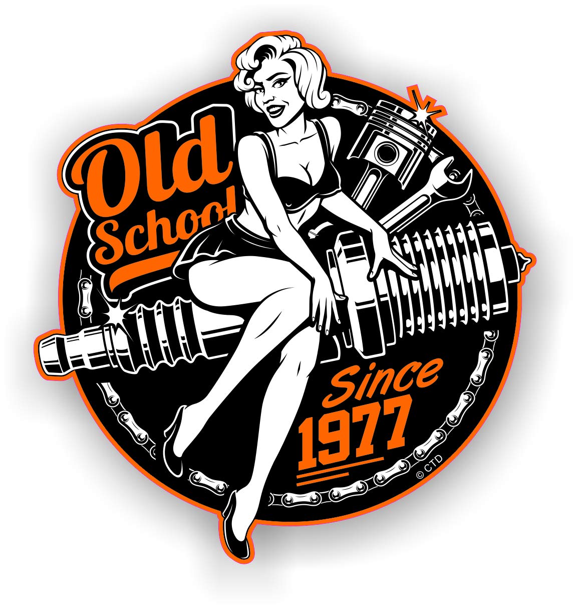 CTD Alte Schule Retro Pin-Up Mädchen Jahr Vom 1977 Scheibe Motorrad Vintage 50's Themen Design Vinyl Auto Aufkleber 90x85mm von CTD