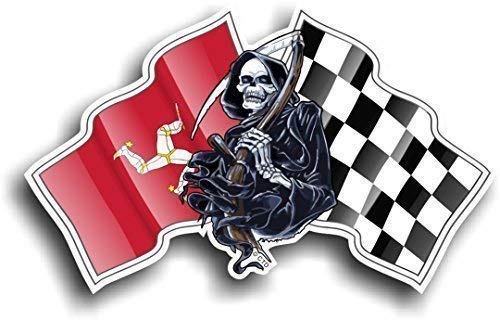 Death Grim Reaper Skull Design mit Racing Isle of Man Mann Manx Flagge & Karierte Flagge, Neuheit Vinyl-Autoaufkleber Aufkleber 130 x 80 mm von CTD