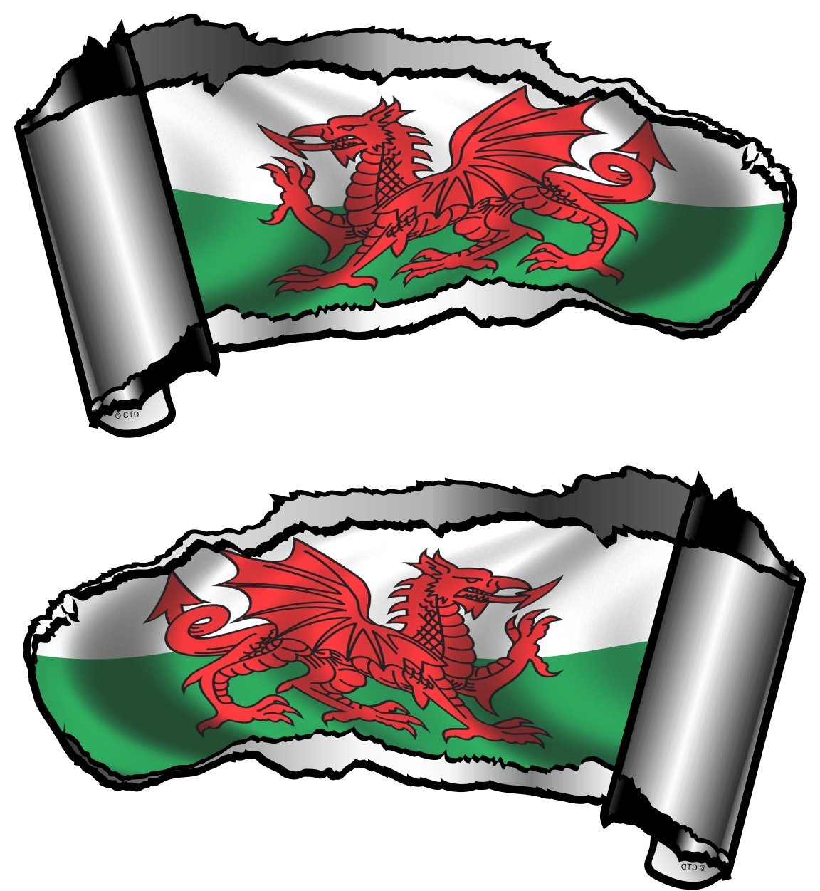 Klein Hand Paar Neuheit Torn Zerrissene öffnen Gash Metall Effekt Auto Aufkleber Aufkleber To Reveal Welsh Dragon WALES CYMRU Flagge Design 93 x 50 mm jeder von CTD