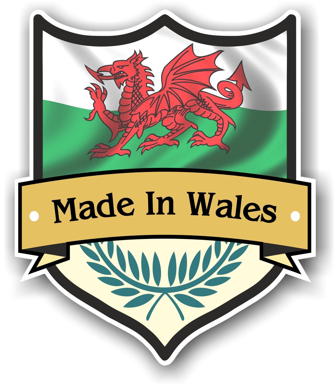 Made in Wales Shield Design mit walisischem CYMRU Country Flagge Motiv für Motorrad Auto Caravan Aufkleber 100 x 85 von CTD