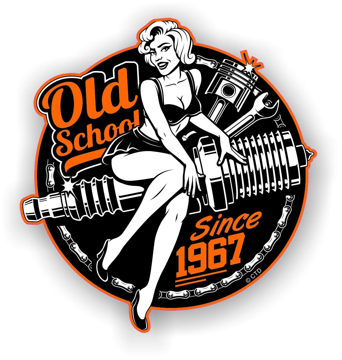 Oldschool Retro Pin-Up Girl Year Dated 1967 Roundel Motorrad Vintage 50er Design Vinyl Autoaufkleber Aufkleber 90 x 85 mm von CTD