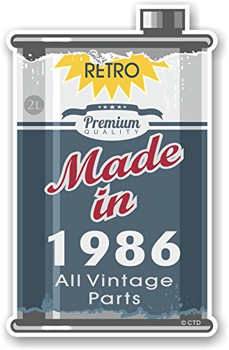 Retro Made in 1986 alle Vintage Teile Jahr datiert Design einer alten Dose Metall Öl kann Motiv Neuheit Auto-Motorrad vinyl Aufkleber Aufkleber 110 x 70 mm von CTD