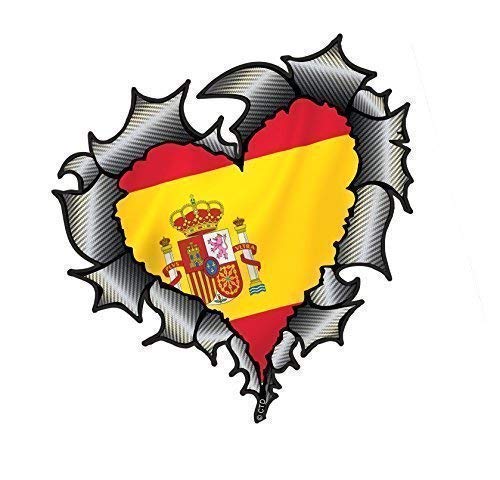 Herzförmiges Kohlefaser Effekt Zerrissenes Metall Schnittwunde Design & Spanien Spanisch Flagge Vinyl Autoaufkleber 105x100mm von CTD