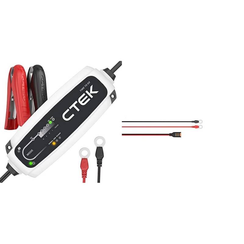 CTEK CT5 Time to Go - Vollautomatisches Batterieladegerät mit Coutdown-Display (Grundladung, Erhaltungsladung) 12V, 5 Amp - EU Stecker & Comfort Connect Direct Connect Adapter, 40cm Kabellänge von CTEK