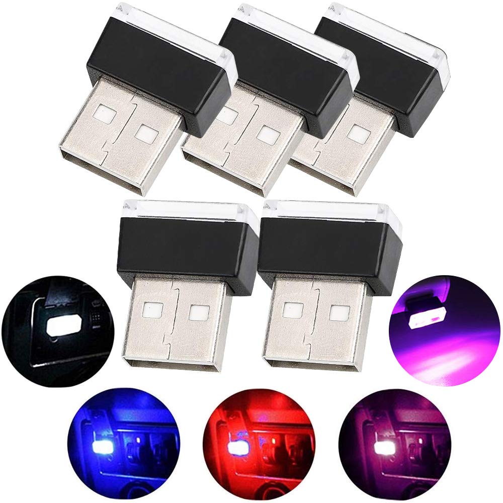 Auto USB Innenbeleuchtung, 5-teiliges USB-Beleuchtungs-Atmosphärenlicht-Set Innendekoration für Auto (5 Farben, Rot/Blau/Pink/Weiß/Eisblau) von CTRICALVER