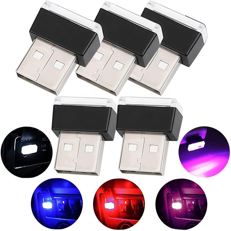 Auto USB Innenbeleuchtung, 5-teiliges USB-Beleuchtungs-Atmosphärenlicht-Set Innendekoration für Auto (5 Farben, Rot/Blau/Pink/Weiß/Eisblau) von CTRICALVER