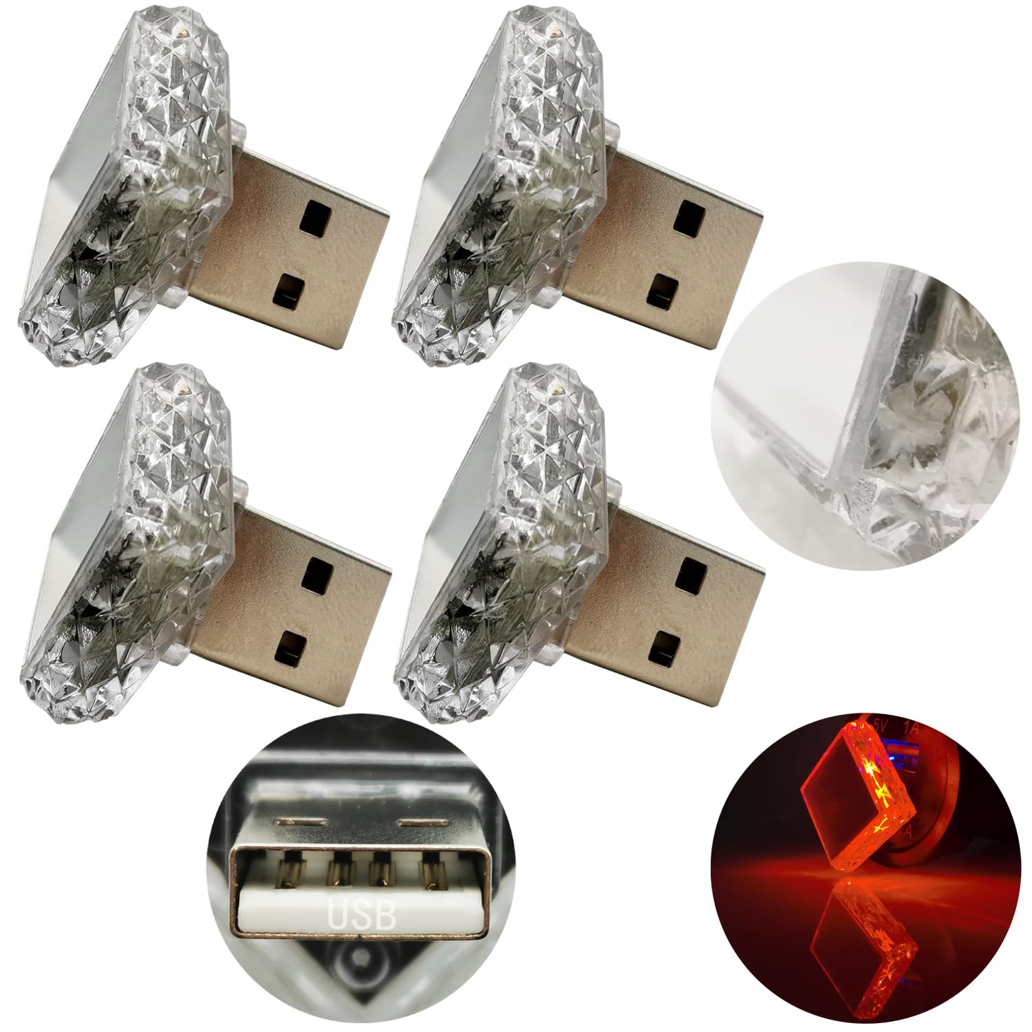 CTRICALVER Auto-Nachtlicht USB Rhombus (Touch) Rot 5 V/1 A kleines Notlicht LED-USB-Ambientelicht geeignet für alle Arten von USB-Anschlüssen wie Powerbanks und Autos PC-Material 4Pcs von CTRICALVER