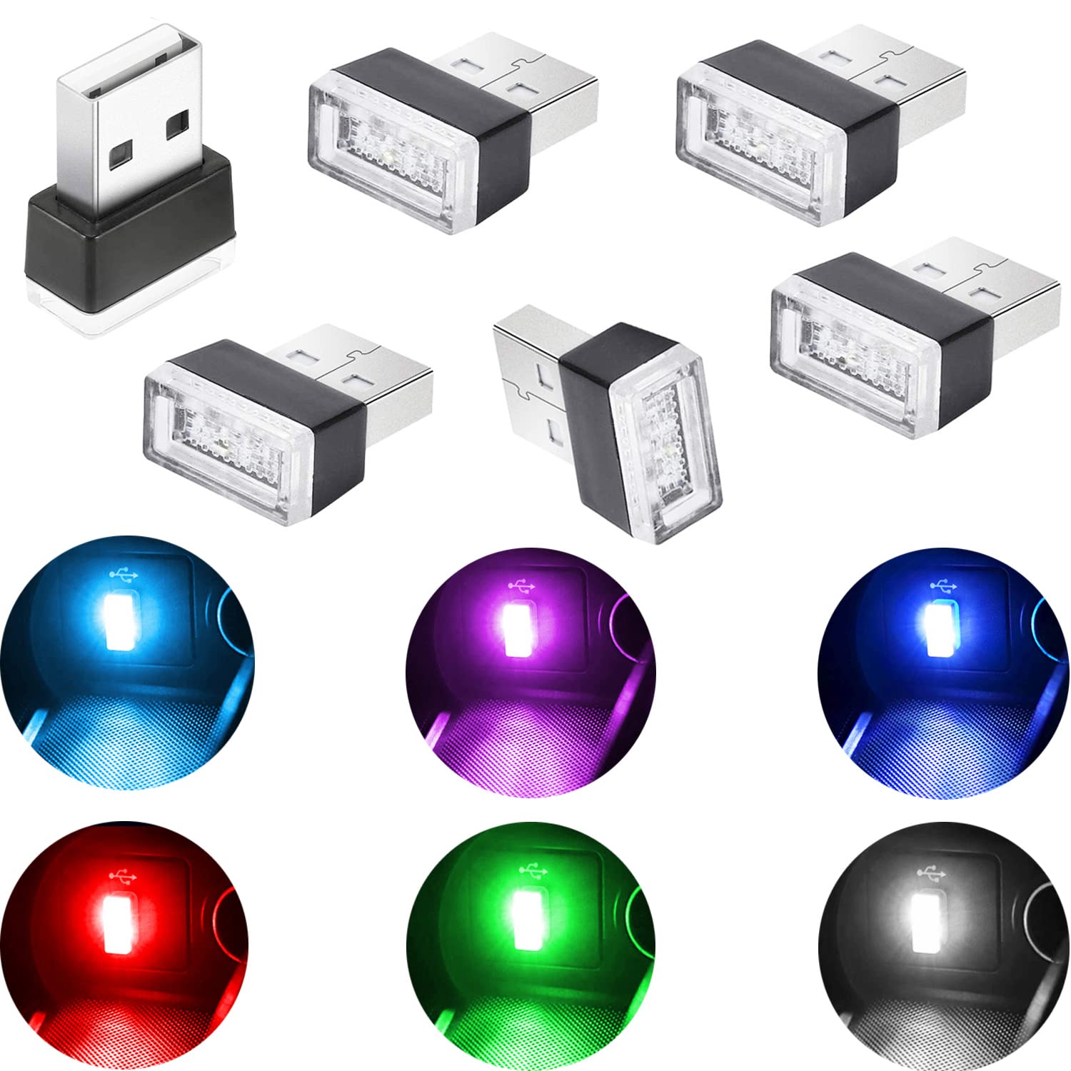 CTRICALVER USB Licht Auto Atmosphäre, Universal Mini LED USB-Leuchten, Led für Auto, Innenraumbeleuchtung Auto USB(5 Stück Rot, rosa lila, blau, weiß, eisblau, grün) von CTRICALVER