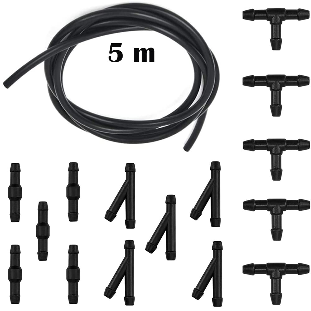 Scheibenwaschanlage Schlauch, CTRICALVER 5M Wischwasserschlauch Reparaturset, Automotive Schlauch Gummi Wischwasserschlauch, mit 15 Stücke Schlauchverbinder (schwarz) von CTRICALVER
