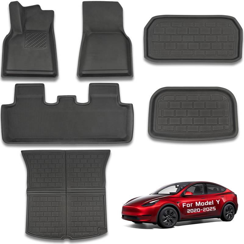 CYBERBEANS 6 Stück Fußmatten für Tesla Model Y 2025 2024 2023 Zubehör, XPE Allwetter-Anti-Rutsch-Wasserdicht 3D Front Rear Kofferraum Cargo Liner Tray Matten von CYBERBEANS