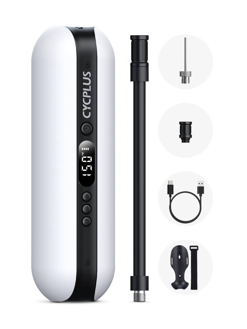 CYCPLUS Luftpumpe 150PSI Elektrischer Kompressor Tragbar Fahrradpumpe Mini Reifenpumpe mit Digital LED Anzeige LED Licht Wiederaufladbarer Li-ionen für alle Fahrräder Motorräder und Autos von CYCPLUS