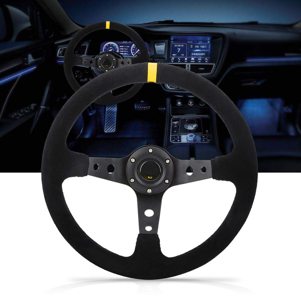 Drifting Steering Wheel,Sportlenkrad Universal 14 Zoll Racing Lenkung Deep Corn Drifting Leder 350mm Autolenkrad mit Hupe 6-Loch (Color : Red) von CYMKYQ
