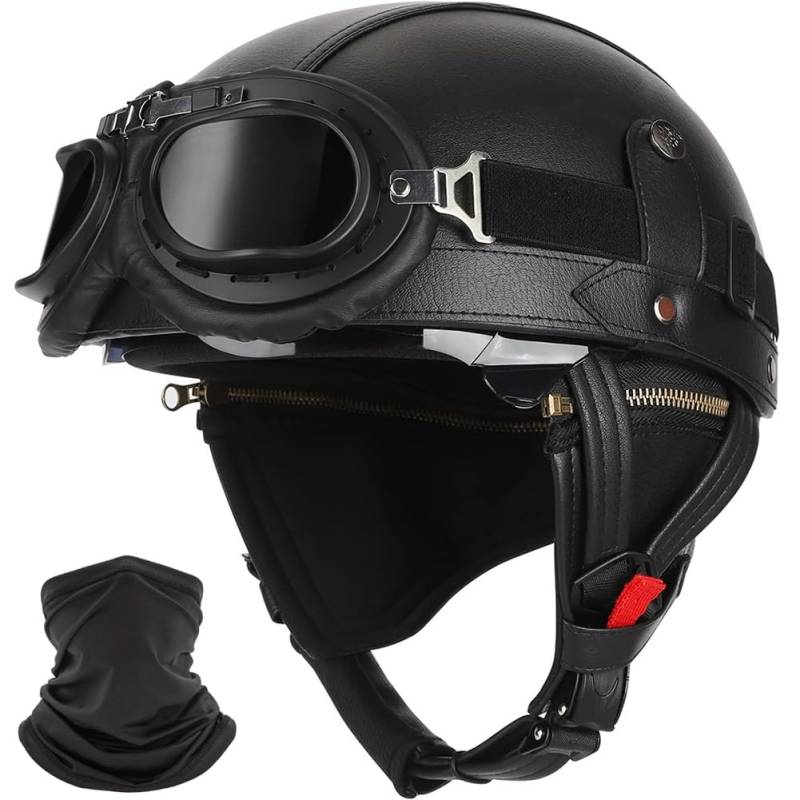 CZSBXBHD Deutsche Leder Motorrad Halbhelme, Halbschalenhelm mit ECE, Jethelm Retro, Scooter-Helm, Chopper Helm, Fahrradhelm, mit Sonnenblende und Schnellverschlussschnallen Offenem Helm,B,M 57~58CM von CZSBXBHD