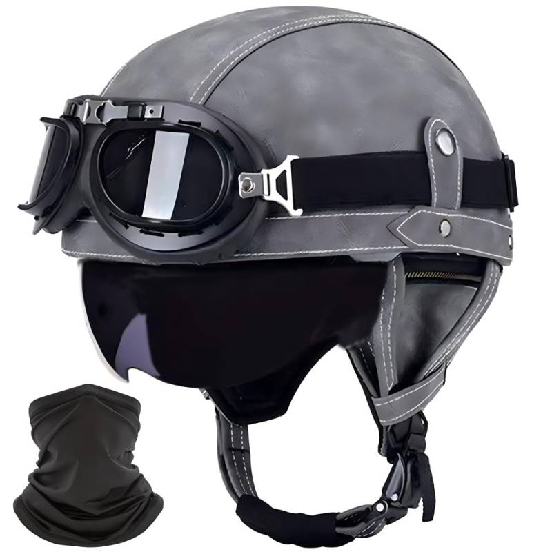 CZSBXBHD Deutsche Leder Motorrad Halbhelme, Halbschalenhelm mit ECE, Jethelm Retro, Scooter-Helm, Chopper Helm, Fahrradhelm, mit Sonnenblende und Schnellverschlussschnallen Offenem Helm,F,M 57~58CM von CZSBXBHD