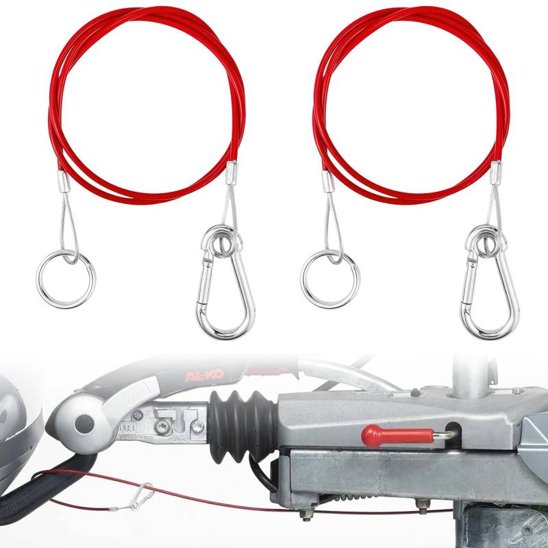 CZlinOduMMX 2 Stück Edelstahl Abreißseil für Anhänger, 1m Bremsseil Anhänger Fangseil, Ø 4 mm Kraftvoll Bremsseil Anhänger, Fangseil Sicherungsseil für Gängigen Gebremsten Anhänger, Wohnwagen - Rot von CZlinOduMMX