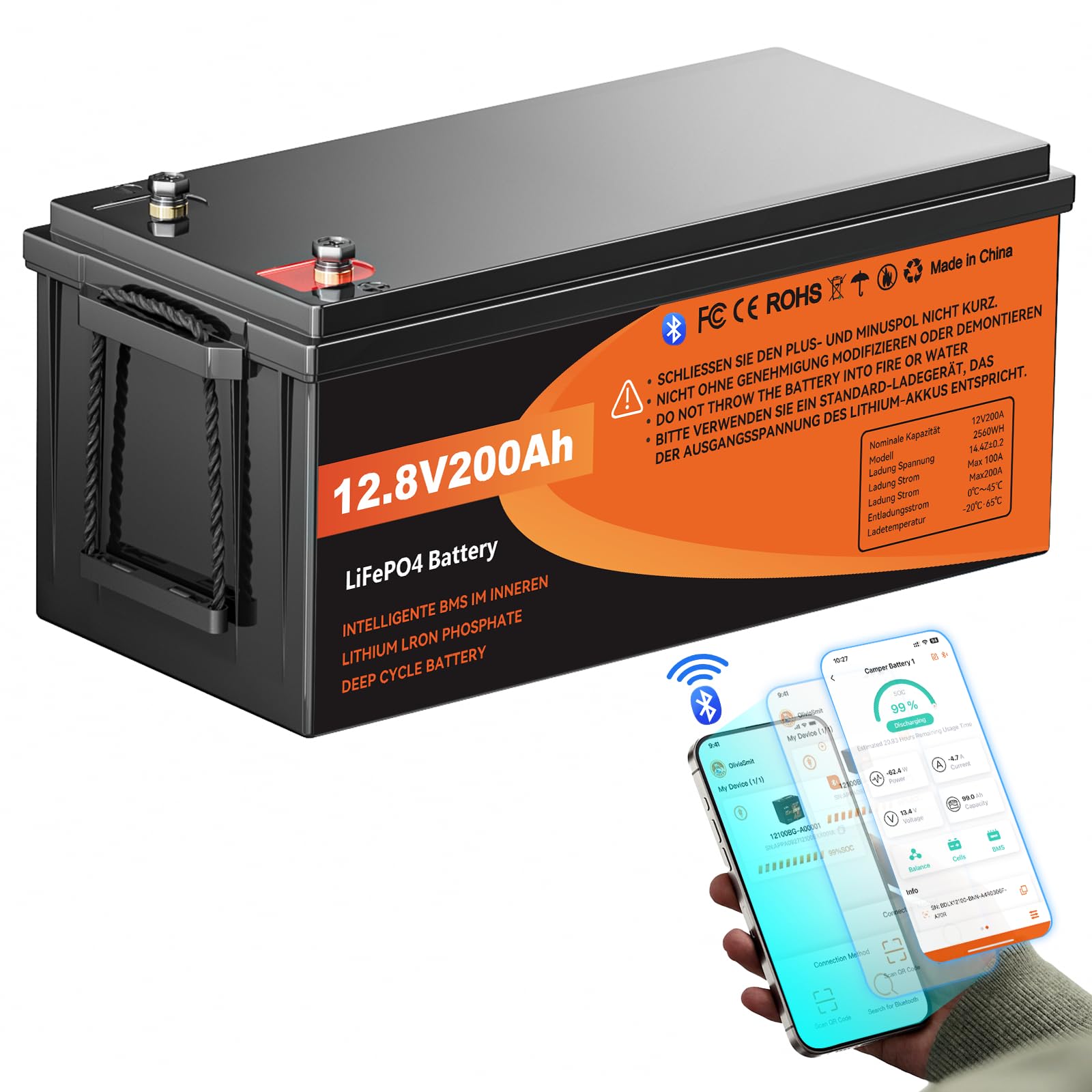 LiFePO4 12V 200Ah Bluetooth Batterie,Deep Cycle Batterien,2560Wh Lithium Akku mit 5000-18000Tiefzyklus,Intelligentem BMS und Abschaltschutz Niedrigen Temperaturen für Camping,Solarpanel Kit,Wohnmobil LiFePO4 12V 200Ah Bluetooth Batterie,Deep Cycle Batterien,2560Wh Lithium Akku mit 5000-18000Tiefzyklus,Intelligentem BMS und Abschaltschutz Niedrigen Temperaturen für Camping,Solarpanel Kit,Wohnmobil von Cairhornce