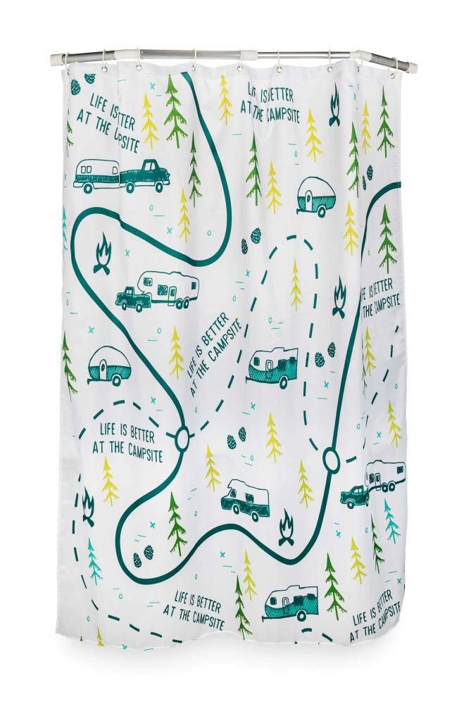 Camco 53245 Life is Better at The Campsite Duschvorhang, Karten-Design, passend für die meisten Wohnmobil-Duschen, inklusive 12 Kunststoffringen von Camco