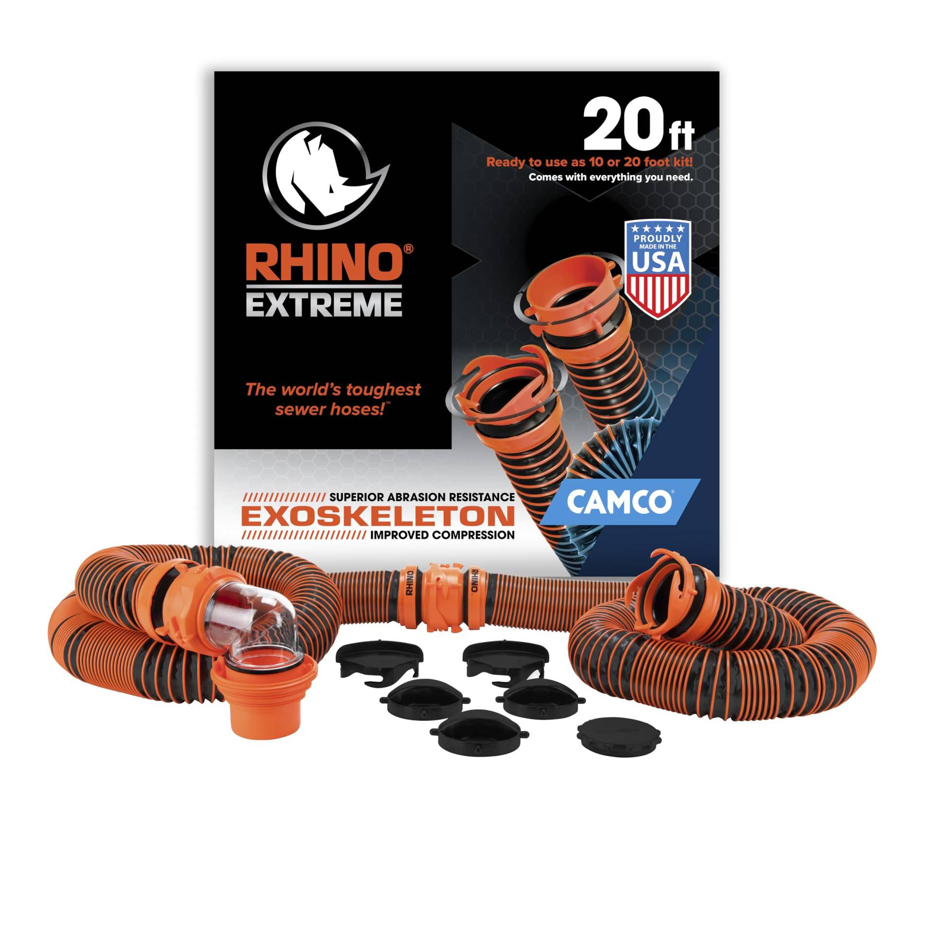 Camco Rhino Extreme 21012 Wohnmobil-Abwasserschlauch-Set, knautschfeste TPE-Technologie, Drehverschraubungen für sichere Verbindung, robuster Abwasserschlauch für Wohnmobil-WC (21012) von Camco