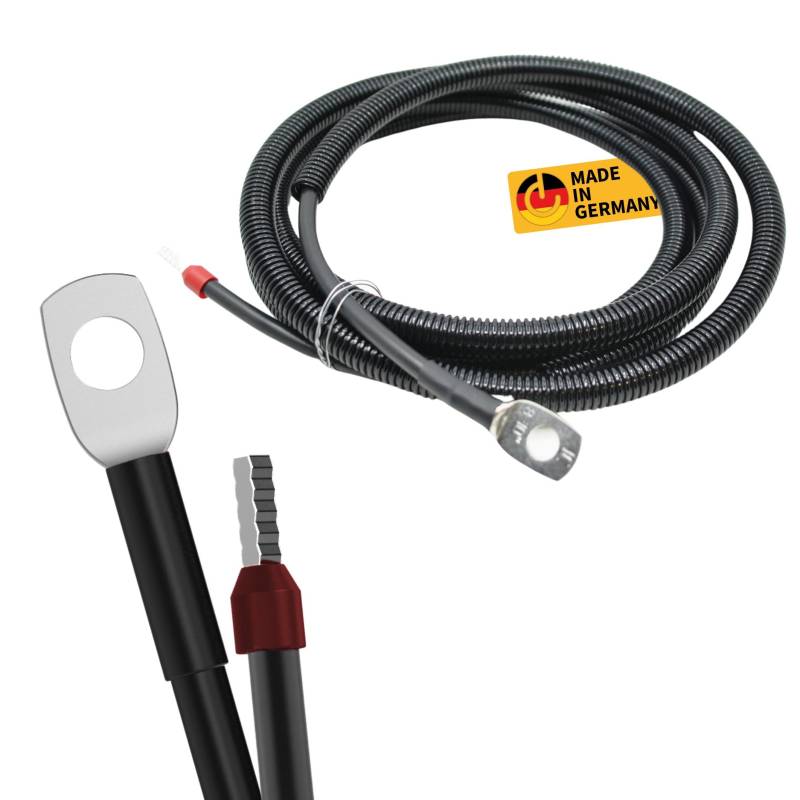 CAMPERPOWER | 2m Anschlusskabel für Batterie | bis 50A Stromstärke l Verbindet Batterie und Karosserie | M8 Batterieanschlussöse und Aderendhülse l 16mm² | mit Wellrohr | MADE IN GERMANY von CamperPower