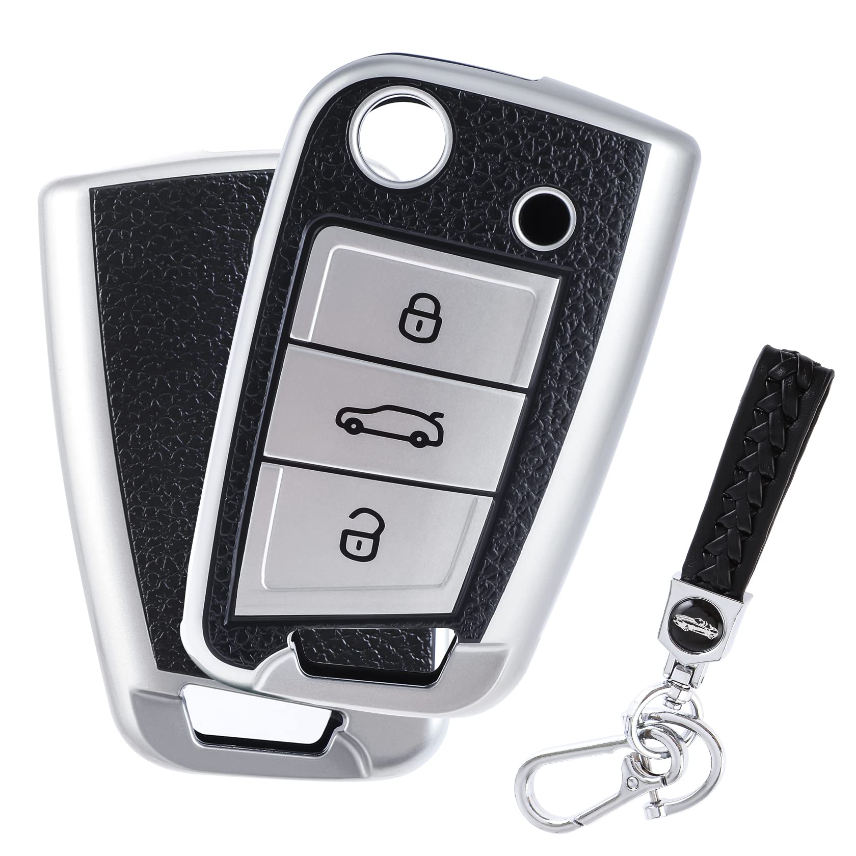 CarBole Autoschlüssel Hülle für VW Schlüsselhülle Hülle Autoschlüssel Gehäuse der Fernbedienung mit Schlüsselanhänger für VW Polo, Skoda, Tiguan, MK7 3-Tasten（Silberes Leder） von CarBole
