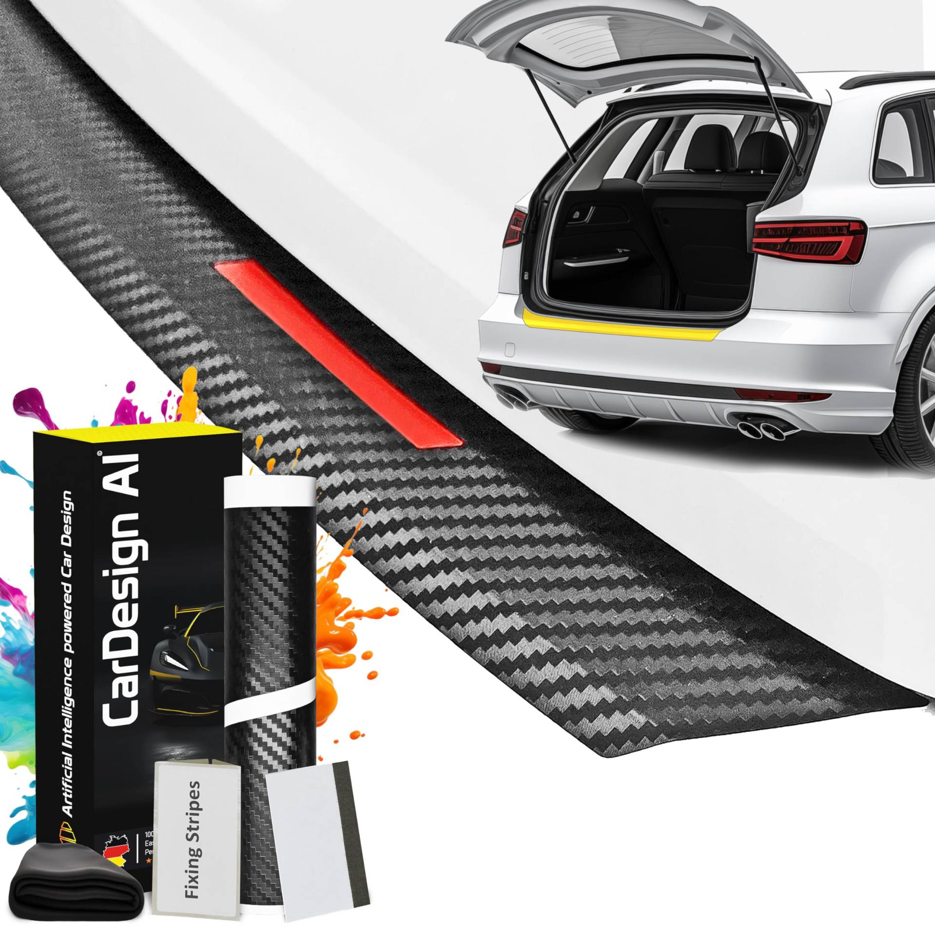 CarDesign AI Ladekantenschutz passend für Skoda Yeti 2009-2013 (5-Türer SUV): Komplettset mit passgenauer Lackschutzfolie, Kratzschutz für Kofferraum/Stoßstange Auto (Carbon-Rot) von CarDesign AI