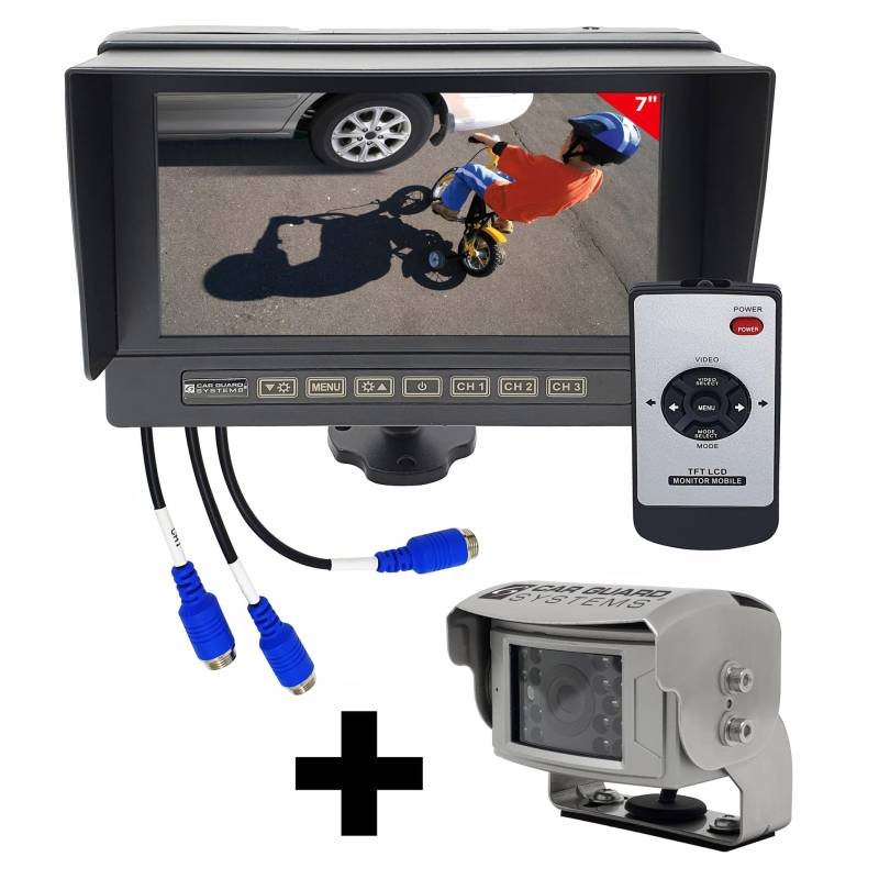 7" AHD-Monitor aus Metall RAV-MO 7WHD mit 3 Kamera-Eingängen, Set mit RAV-F Full-HD-Rückfahrkamera mit 1080p von CARGUARD Systems, 115° Blickwinkel, 9-32V und Leitlinien von CARGUARD SYSTEMS