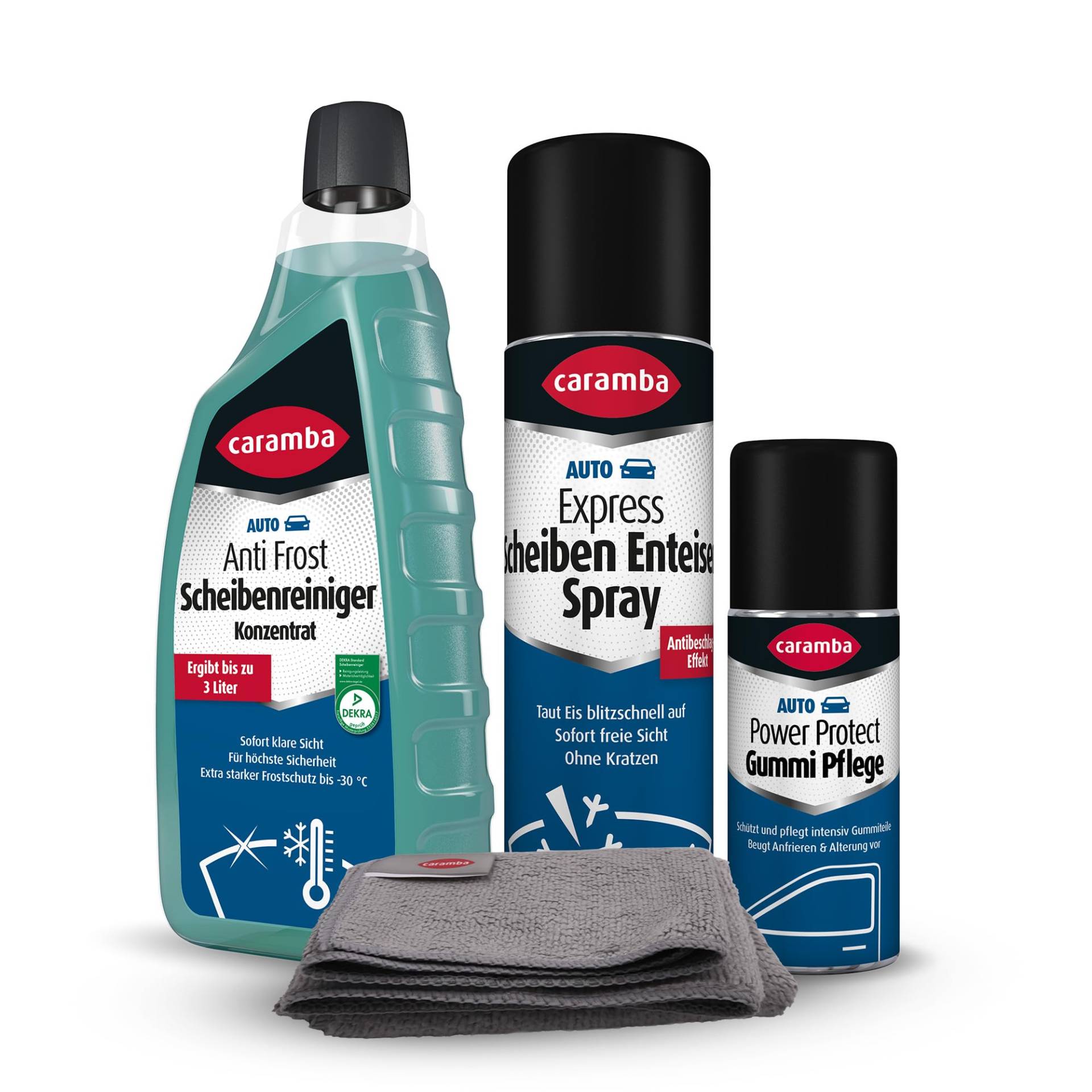 Caramba Auto Winter-Set (4-teilig), Anti Frost Scheibenreiniger Konzentrat, Express Scheibenenteiser Spray, Power Protect Gummi Pflege, Mikrofasertuch von Caramba