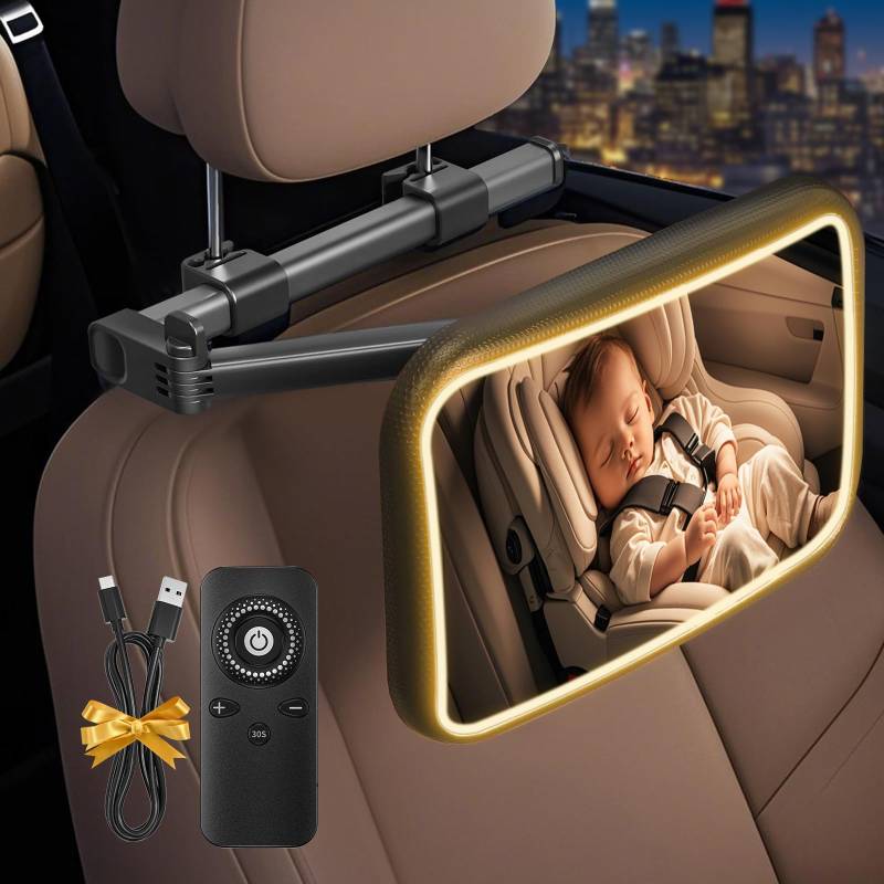 Spiegel Auto Baby Rückbank - 360° Autospiegel Sicherheit Autositz Spiegel Babyspiegel Rückansicht Monitor Autospiegel Baby Rücksitz mit Haken Clip & Beleuchtung für allerlei Kopfstützen (B) von Carastek