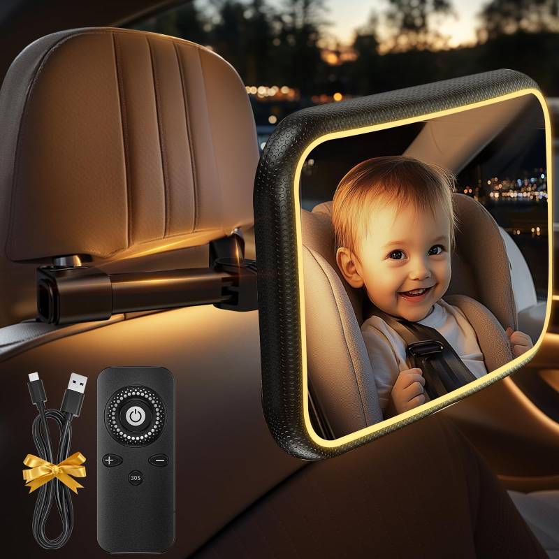 Spiegel Auto Baby Rückbank - 360° Autospiegel Sicherheit Autositz Spiegel Babyspiegel Rückansicht Monitor Autospiegel Baby Rücksitz mit Haken Clip & Beleuchtung für allerlei Kopfstützen (A) von Carastek