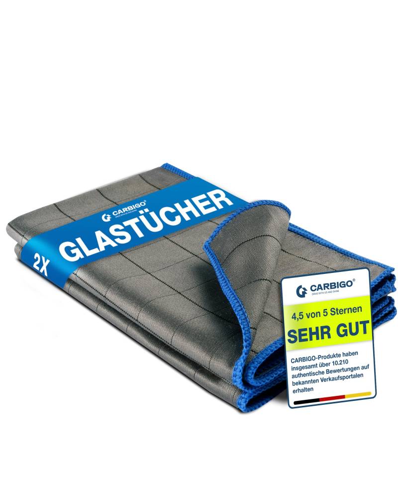 Carbigo® 2X Profi Mikrofaser Glastücher 400 GSM – Perfekt für streifenfreie Reinigung von Scheiben, Fenster, Gläser – Extrem saugstark Dank weicher Mikrofaser – Fusselfreie Poliertücher 50x40cm von Carbigo