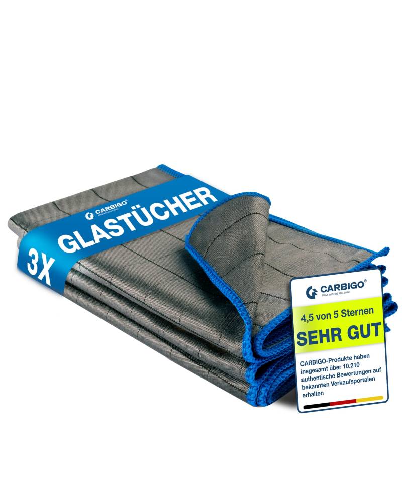 Carbigo® 3X Profi Mikrofaser Glastücher 400 GSM – Perfekt für streifenfreie Reinigung von Scheiben, Fenster, Gläser – Extrem saugstark Dank weicher Mikrofaser – Fusselfreie Poliertücher 50x40cm von Carbigo