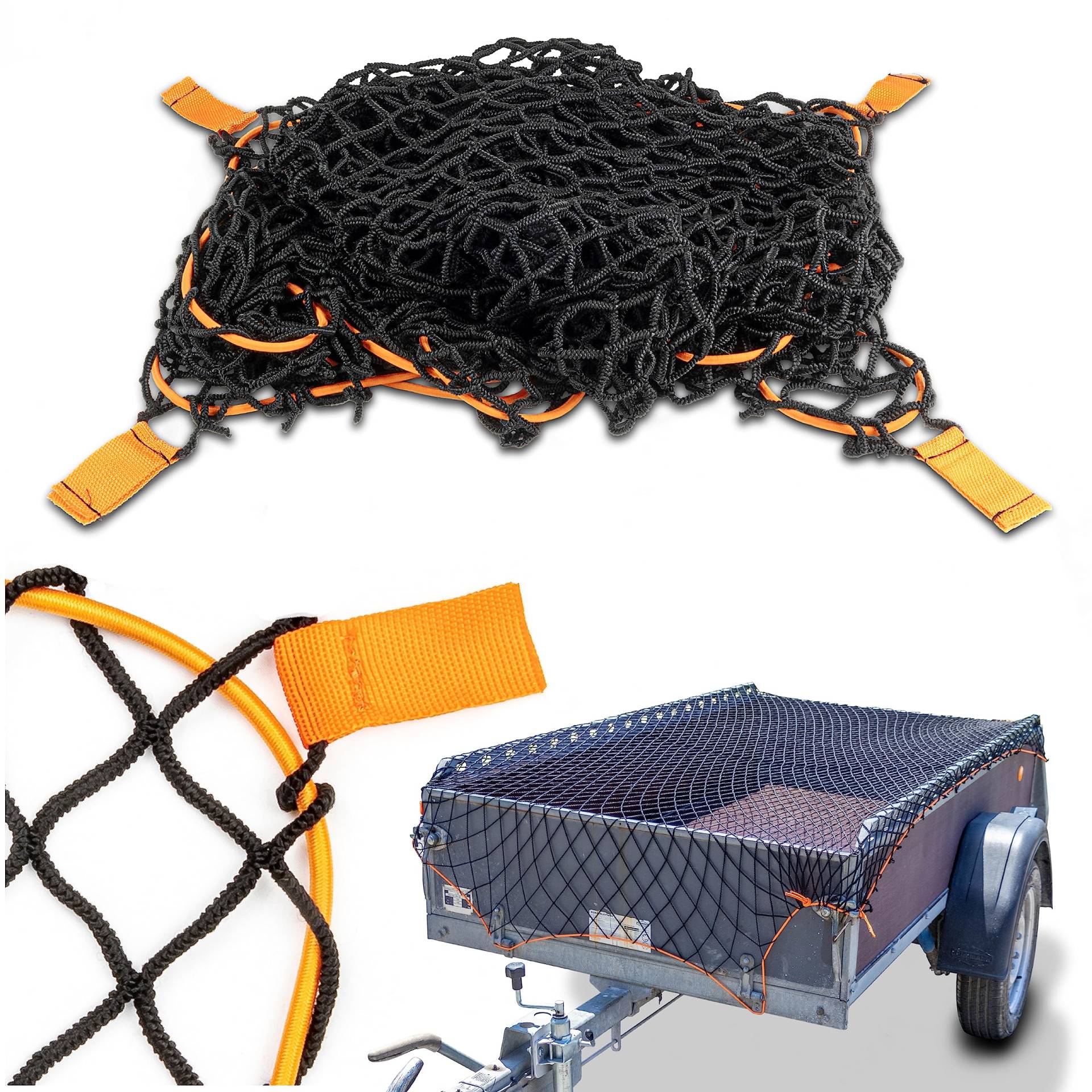 CargoVA® Intelligentes Anhängernetz dehnbar 1x2 bis 2x3 M - elastisches Hängernetz schwarz mit Gummiseil und Eckenmarkierung - für die perfekte Ladungssicherung von CARGO VA Intelligent Vehicle Accessories