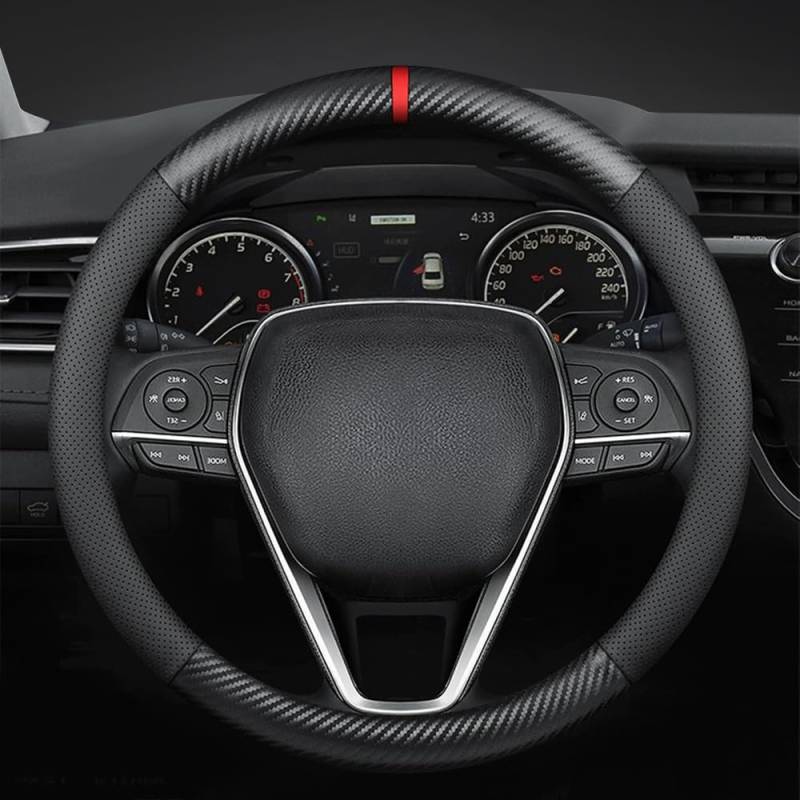 Carodi Carbon Fiber Leder Auto Lenkrad Abdeckung, Komfortabel und Anti-Rutsch, Universal 15 Zoll (Schwarz) von Carodi