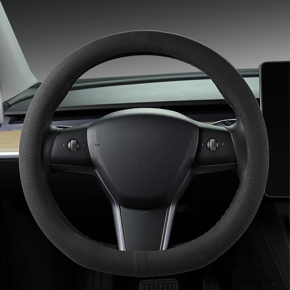 Custom-Fit Auto-Lenkrad-Abdeckung für Tesla. Wildleder-Lenkradabdeckung, Anti-Rutsch-Design, Innenausbau Autozubehör (für Tesla Model 3/Y von Carodi