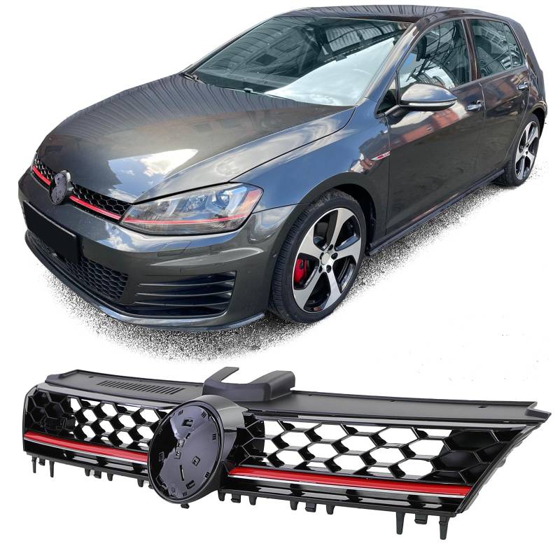 Sport Waben Kühlergrill Schwarz Glanz mit roter Leiste für VW Golf 7 12-17 GTI von Tenzo-R