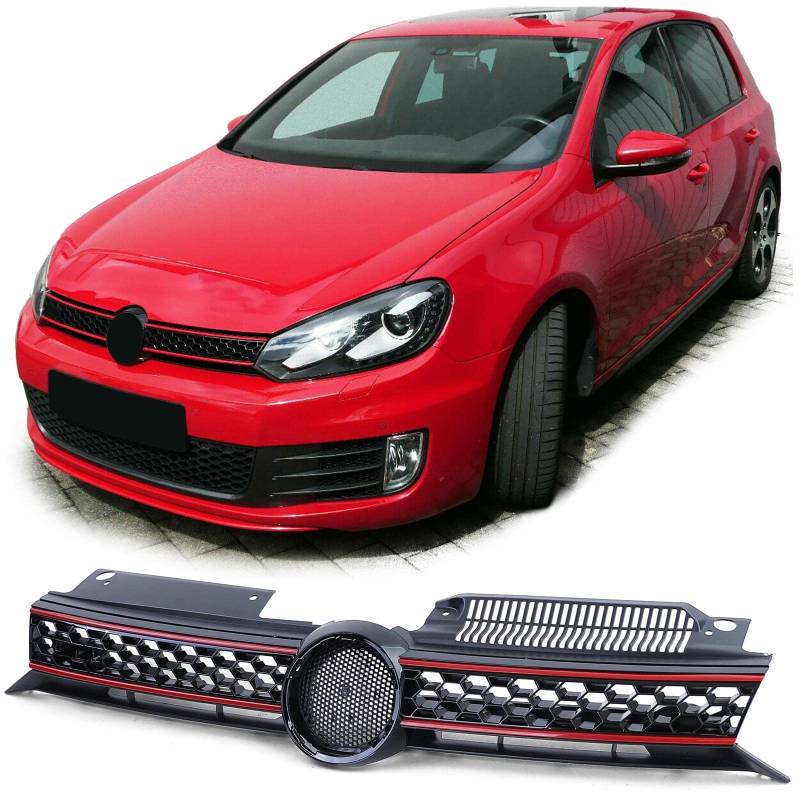 Kühlergrill Schwarz Glanz mit roten Leisten passend für VW Golf 6 auch GTI 08-13 von Carparts-Online