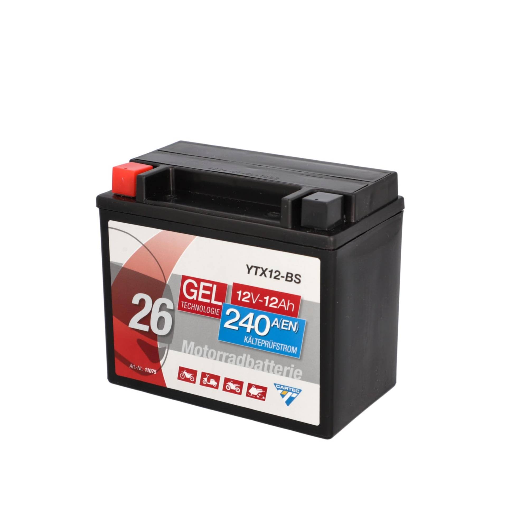 CARTEC Motorradbatterie YTX12-BS 12Ah, 240A, Gel Technologie Motorrad-Starter-Batterie, Erstausrüsterqualität, zyklenfest, lagerfähig, wartungsfrei, schwarz CARTEC Motorradbatterie YTX12-BS 12Ah, 240A, Gel Technologie Motorrad-Starter-Batterie, Erstausrüsterqualität, zyklenfest, lagerfähig, wartungsfrei, schwarz von Cartec