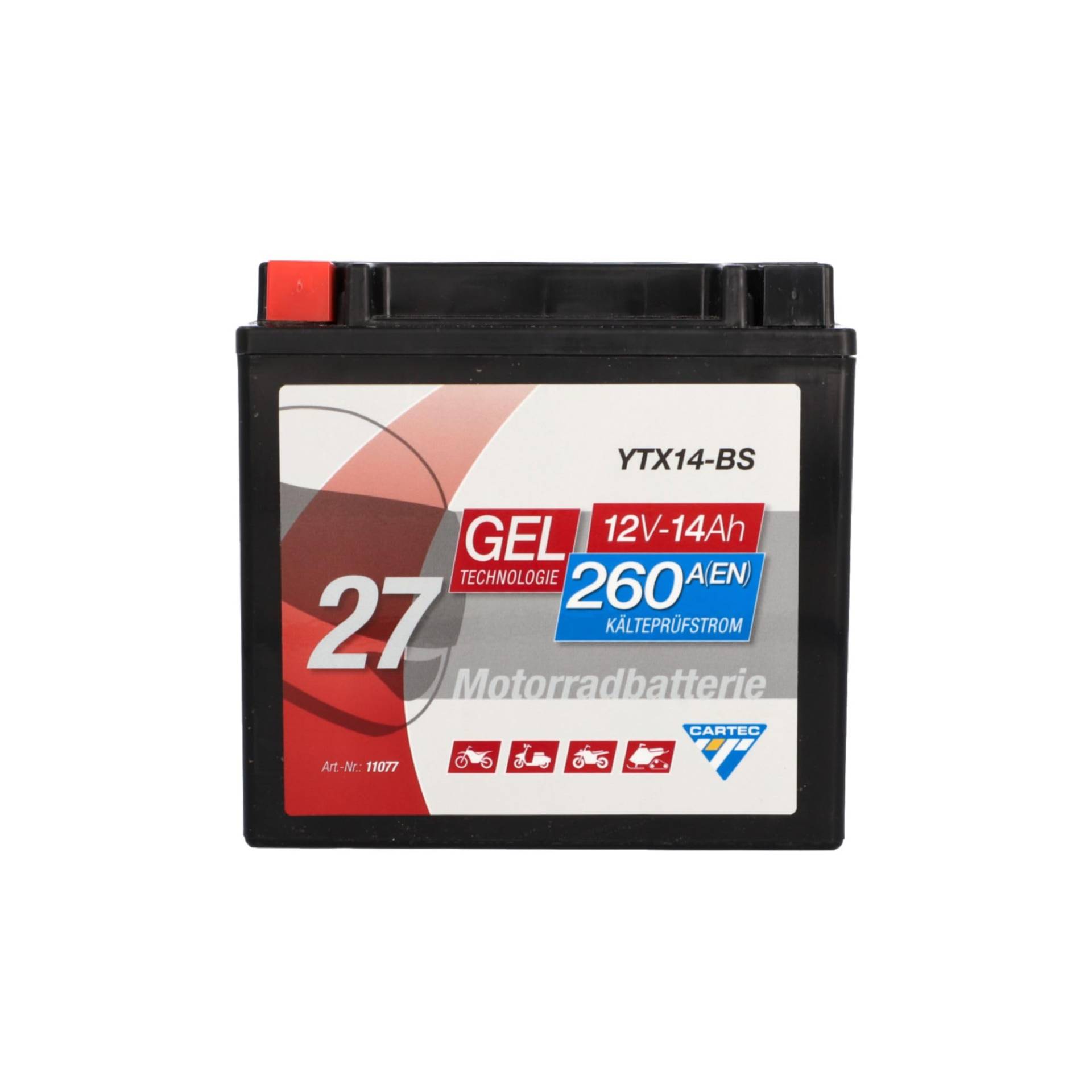 CARTEC Motorradbatterie YTX14-BS, 12Ah, 200A, Gel Technologie Motorrad-Starter-Batterie, Erstausrüsterqualität, zyklenfest, lagerfähig, wartungsfrei von Cartec