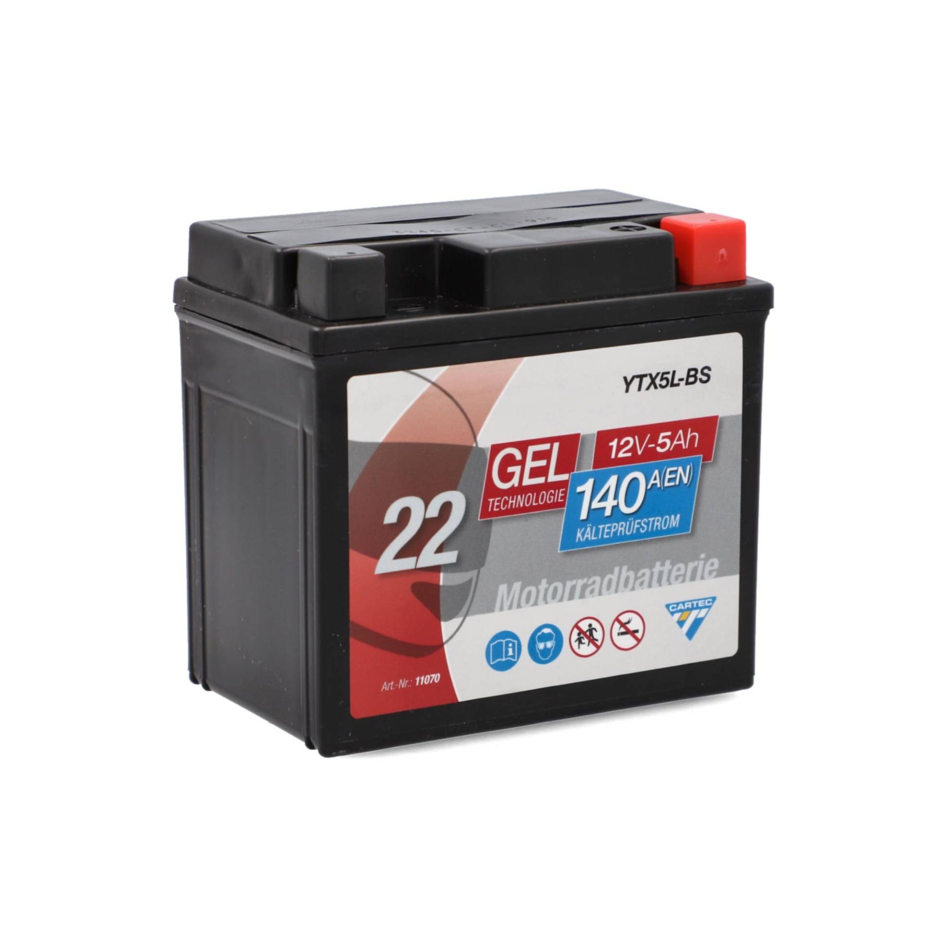 CARTEC Motorradbatterie YTX5L-BS, 4Ah, 80A, Gel Technologie Motorrad-Starter-Batterie, Erstausrüsterqualität, zyklenfest, lagerfähig, wartungsfrei von Cartec