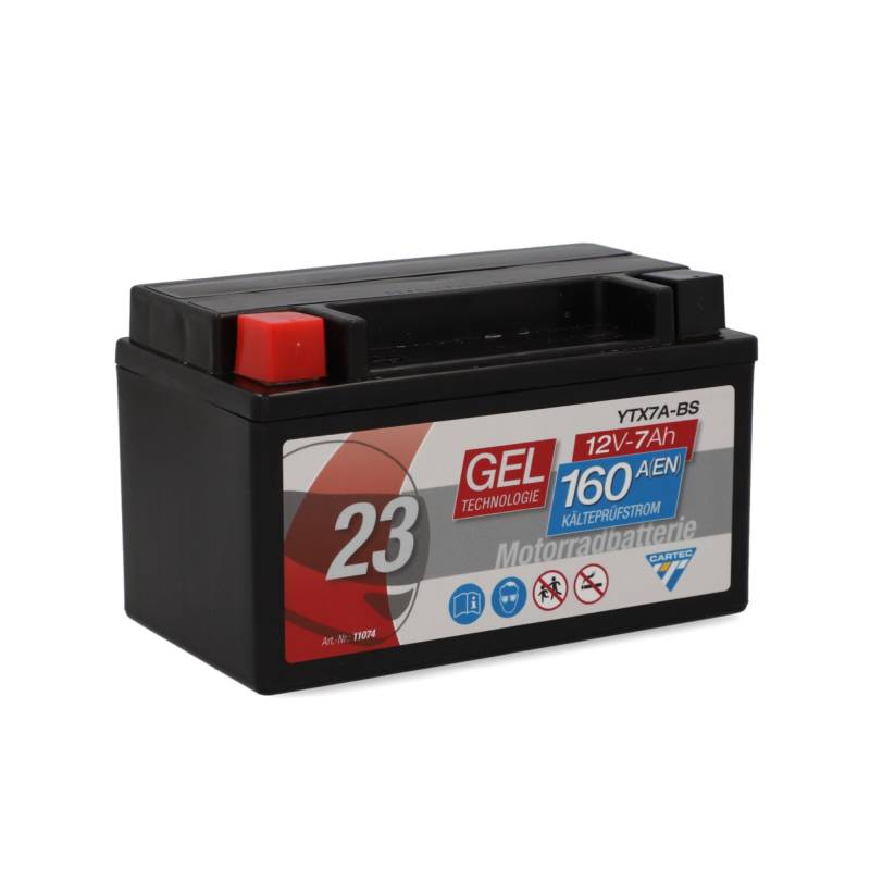 CARTEC Motorradbatterie YTX7A-BS, 7Ah, 160A, Gel Technologie Motorrad-Starter-Batterie, Erstausrüsterqualität, zyklenfest, lagerfähig, wartungsfrei, schwarz von Cartec