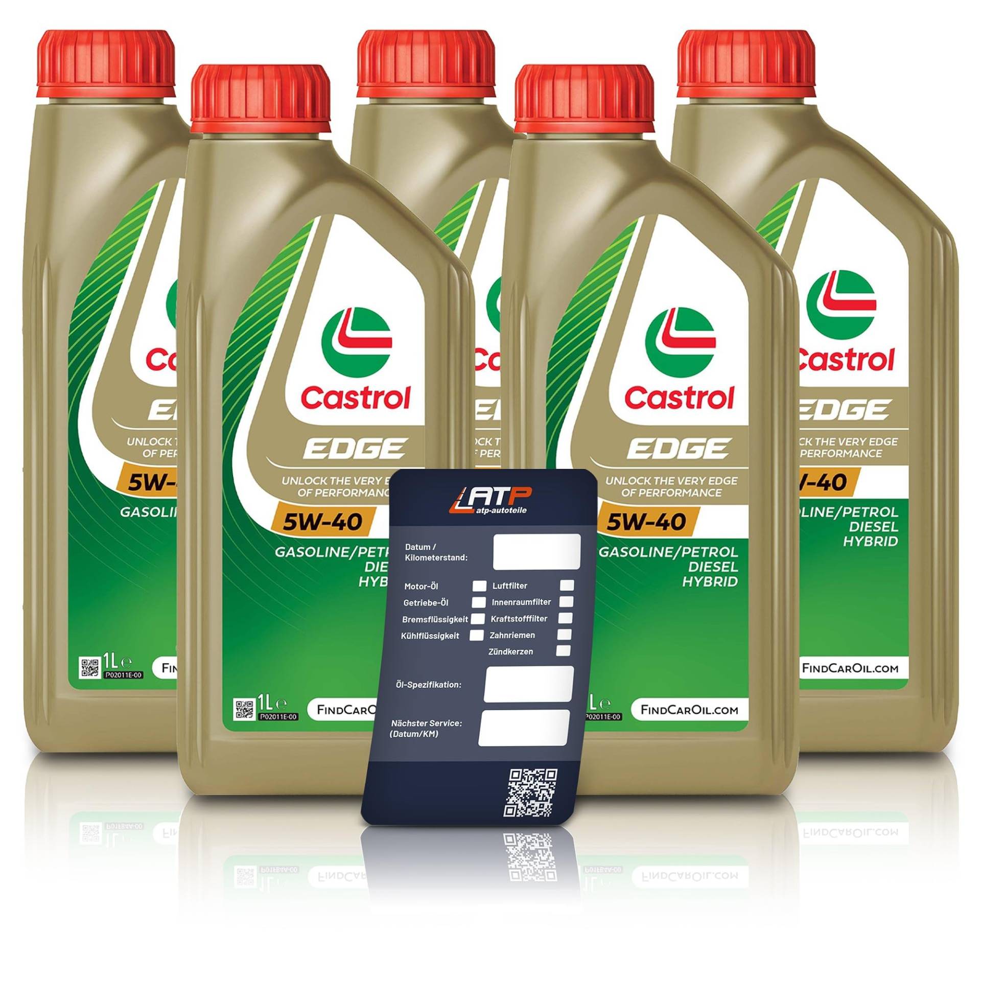 5x 1 L = 5 Liter Castrol Edge Fluid Titanium 5W-40 Motoröl inkl. Castrol Ölwechselanhänger von Castrol Bundle