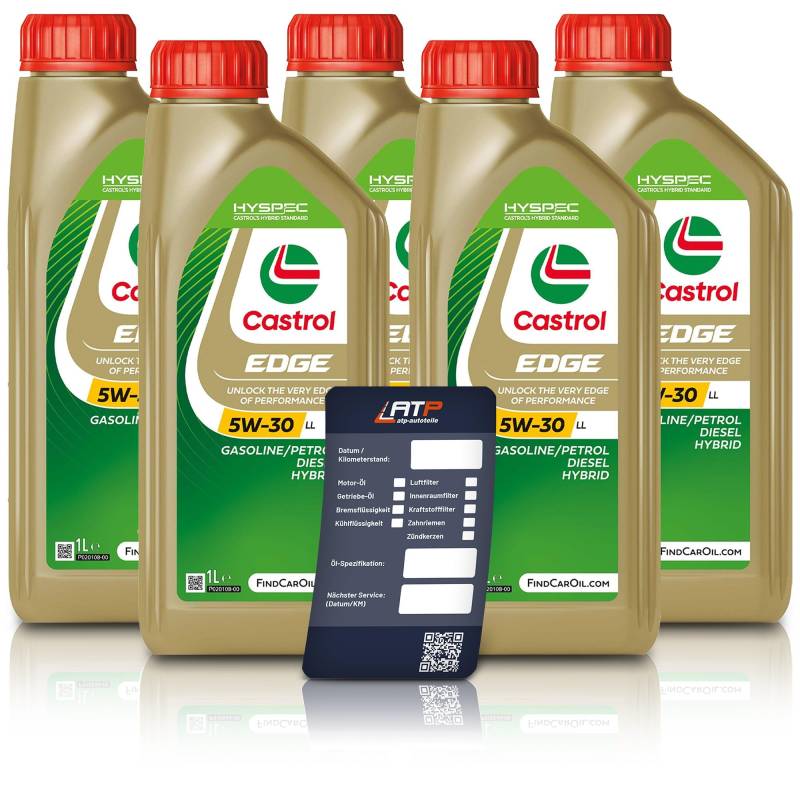 5x 1 L Liter Castrol Edge Fluid Titanium 5W-30 LL Motoröl inkl. Castrol Ölwechselanhänger von Castrol
