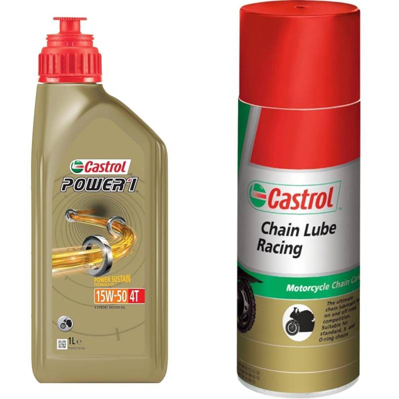 Castrol POWER1 4T 15W-50 4-Takt Motoröl (1L) + Chain Lube Racing Hochleistungskettenspray (400 ML) von Castrol