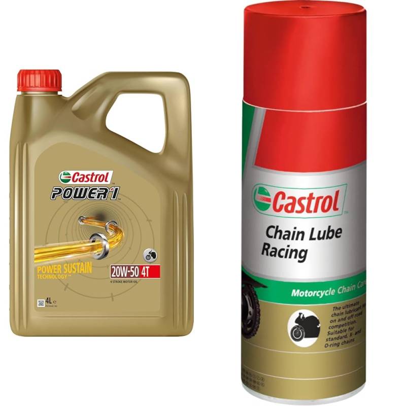 Castrol POWER1 4T 20W-50 4-Takt Motoröl (4L) + Chain Lube Racing Hochleistungskettenspray (400 ML) von Castrol