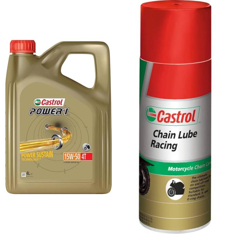 Castrol POWER1 4T 15W-50 4-Takt Motoröl (4L) + Chain Lube Racing Hochleistungskettenspray (400 ML) von Castrol